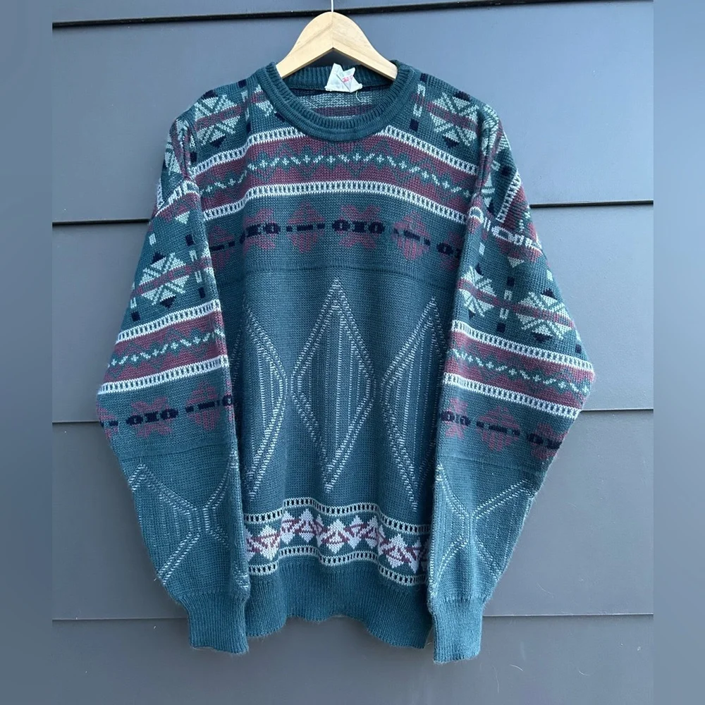 Vintage Geometric/Aztec Patterned Sweater - Green/brown/grey - Oversized XL - Picture 2 of 7